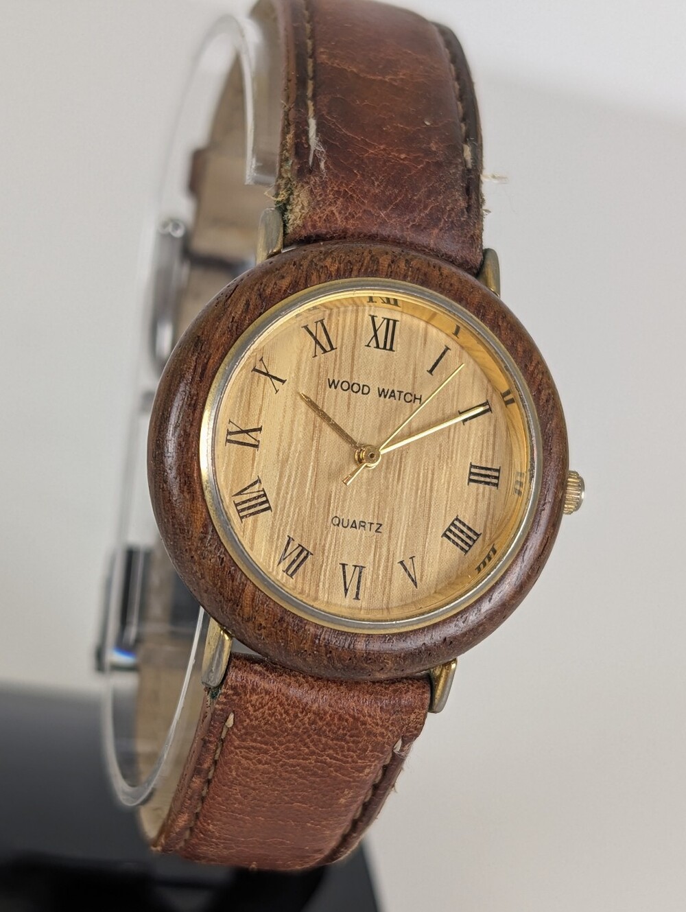 Vintage Wood Watch Quartz Roman Numeral Brown Leather Band Made in Hong Kong